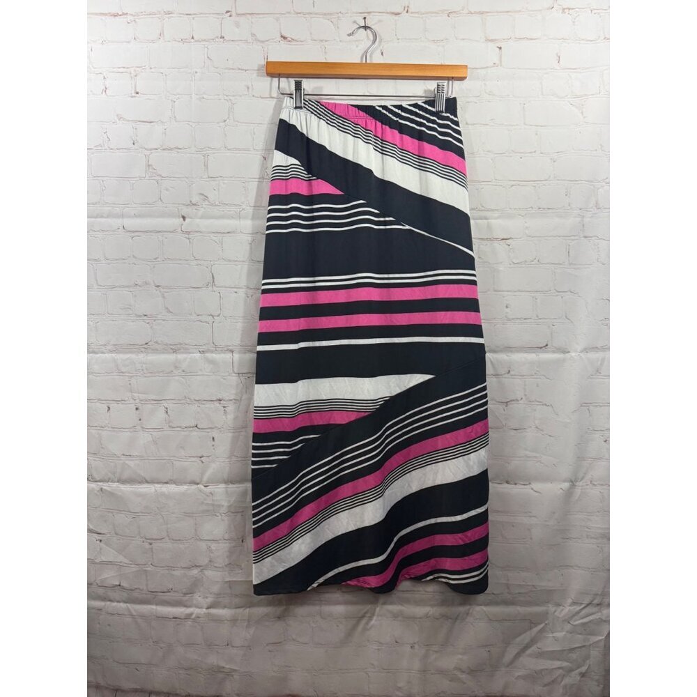 Kim Rogers Maxi Skirt Womens Size Small Petite White Pink Black Striped (READ)